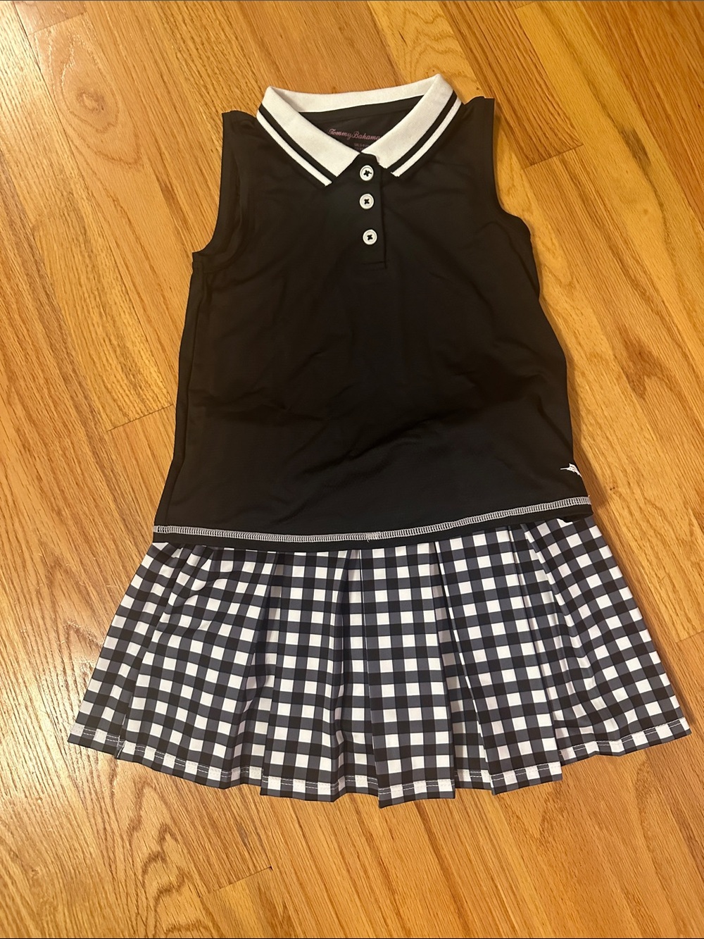 Girls Tommy Bahama Black and White Sleeveless Polo Dress with Gingham Skirt